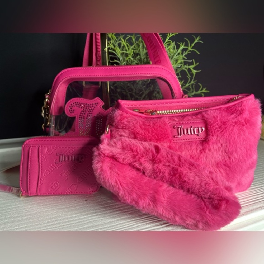 Juicy Couture 3-Piece Pink Accessory Set Clear Tote Wallet Wristlet NWT